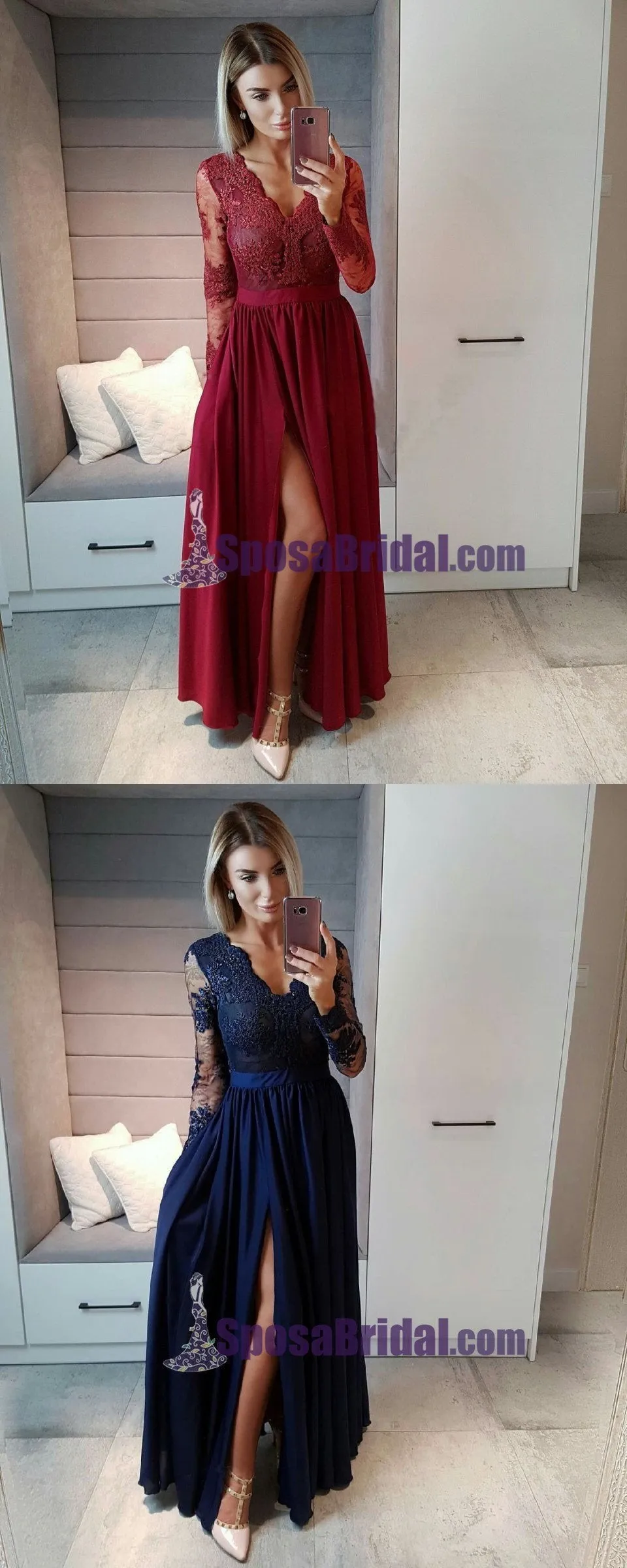 Long Sleeves Burgundy Blue Chiffon Popular Modest Prom Dress, PD0738
