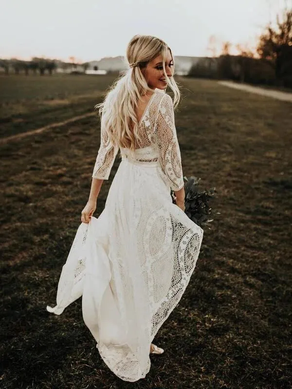 Long Sleeves Lace A-line Rustic Wedding Dresses, Wedding Gowns, MW847