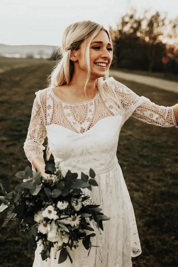 Long Sleeves Lace A-line Rustic Wedding Dresses, Wedding Gowns, MW847