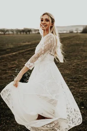 Long Sleeves Lace A-line Rustic Wedding Dresses, Wedding Gowns, MW847