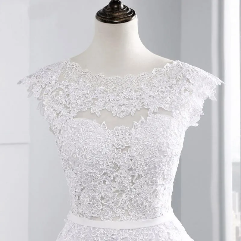 Long Wedding Dress, Chiffon Wedding Dress, Beach Bridal Dress, Cap Sleeve Wedding Dress, Lace Wedding Dress, Floor Length Wedding Dress, V-Back Wedding Dress, LB0391