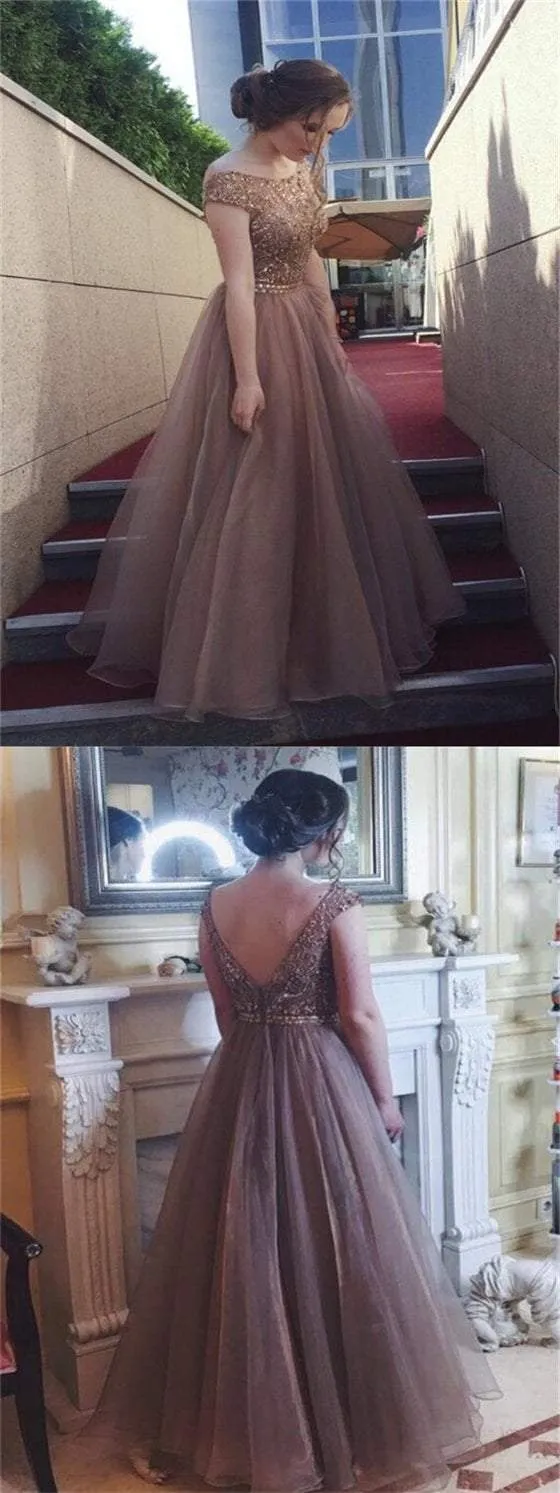 Lovely Beaded Prom Dresses, Tulle Prom Dresses, V-back Prom Dresses, Long Prom Dresses, BG0432