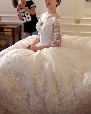 Luxury Cathedral Train Lace Wedding Dresses Ball Gowns 2019 V-Neck Bridal Gowns Half Sleeve