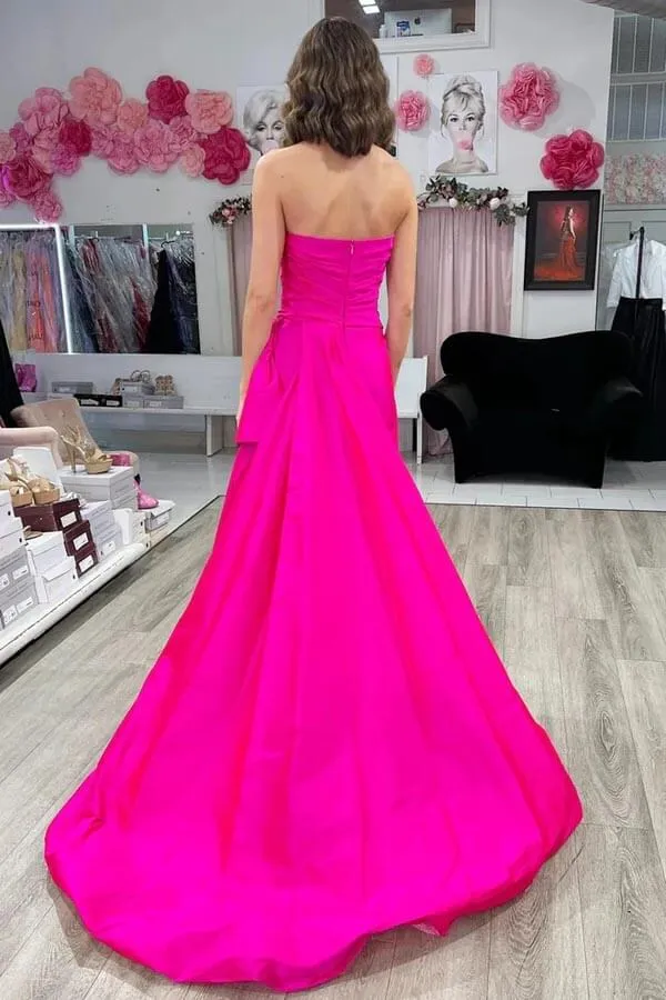 Magenta Satin Sheath Strapless Ruched Prom Dresses With Sweep Train, MP959
