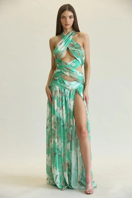MARBLE PRINT CRISSCROSS MAXI DRESS
