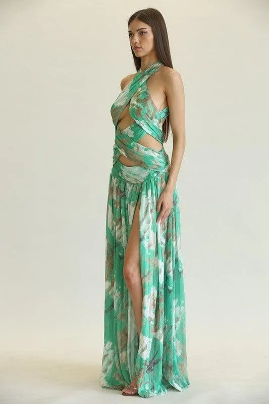 MARBLE PRINT CRISSCROSS MAXI DRESS