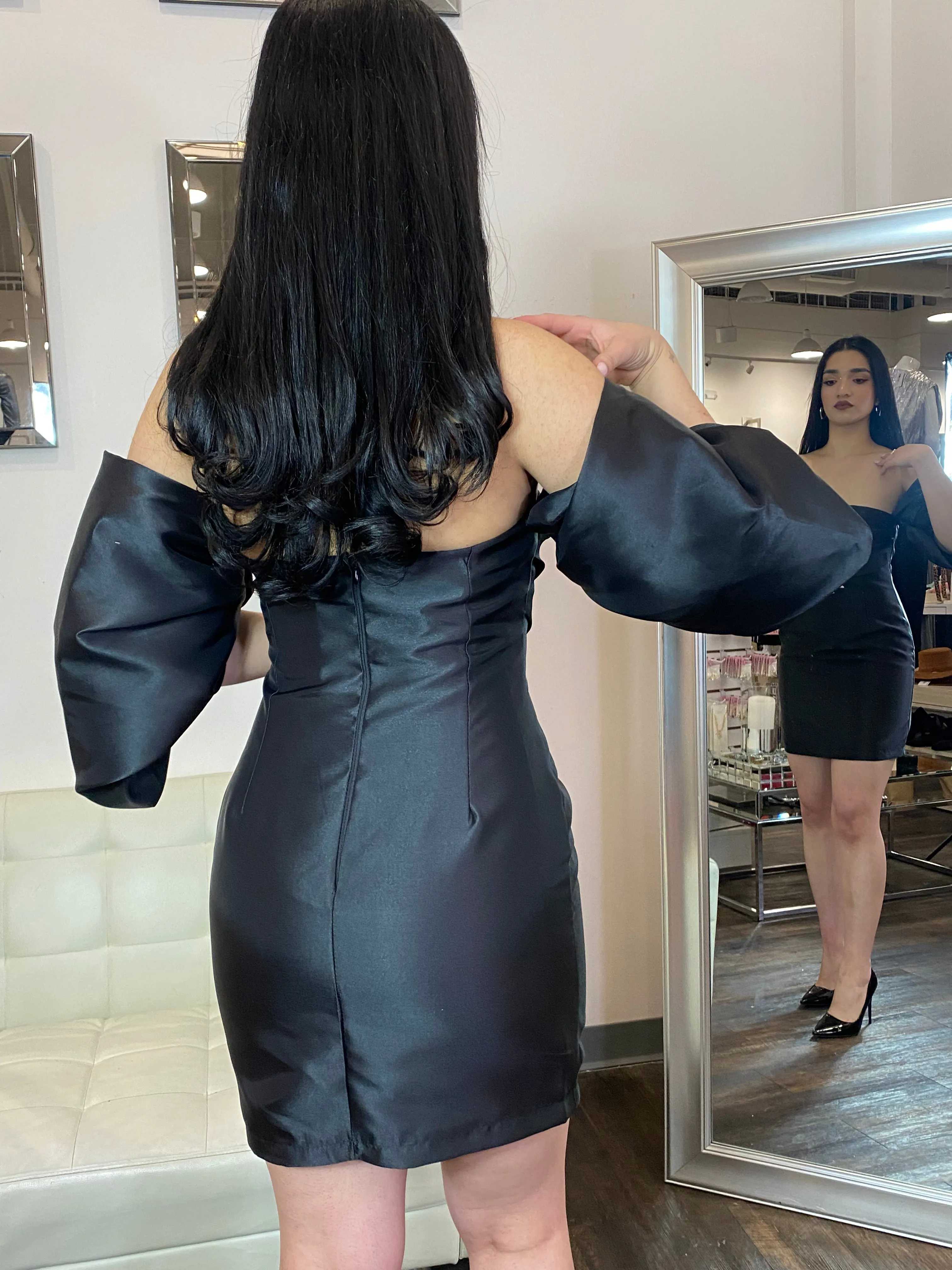 Maya Puff Sleeve Satin Dress- Black