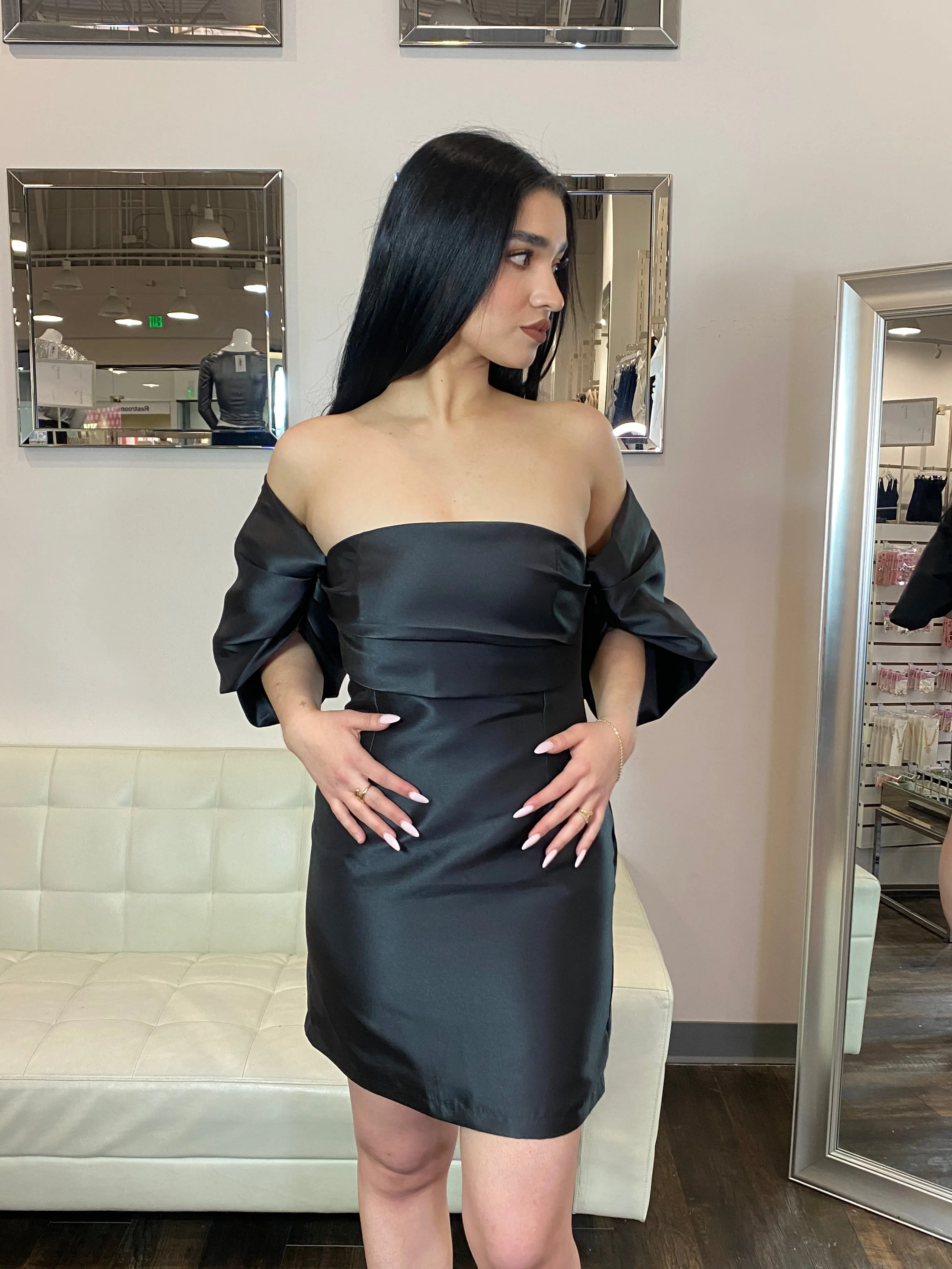 Maya Puff Sleeve Satin Dress- Black