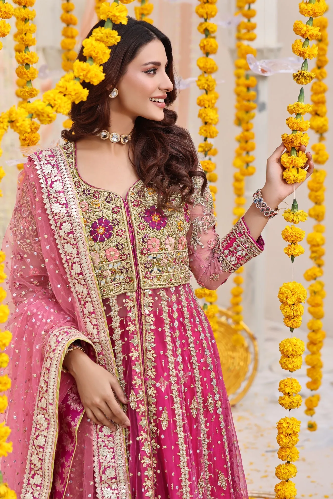 Mehndi Dress in Open Pishwas Frock and Lehenga Style