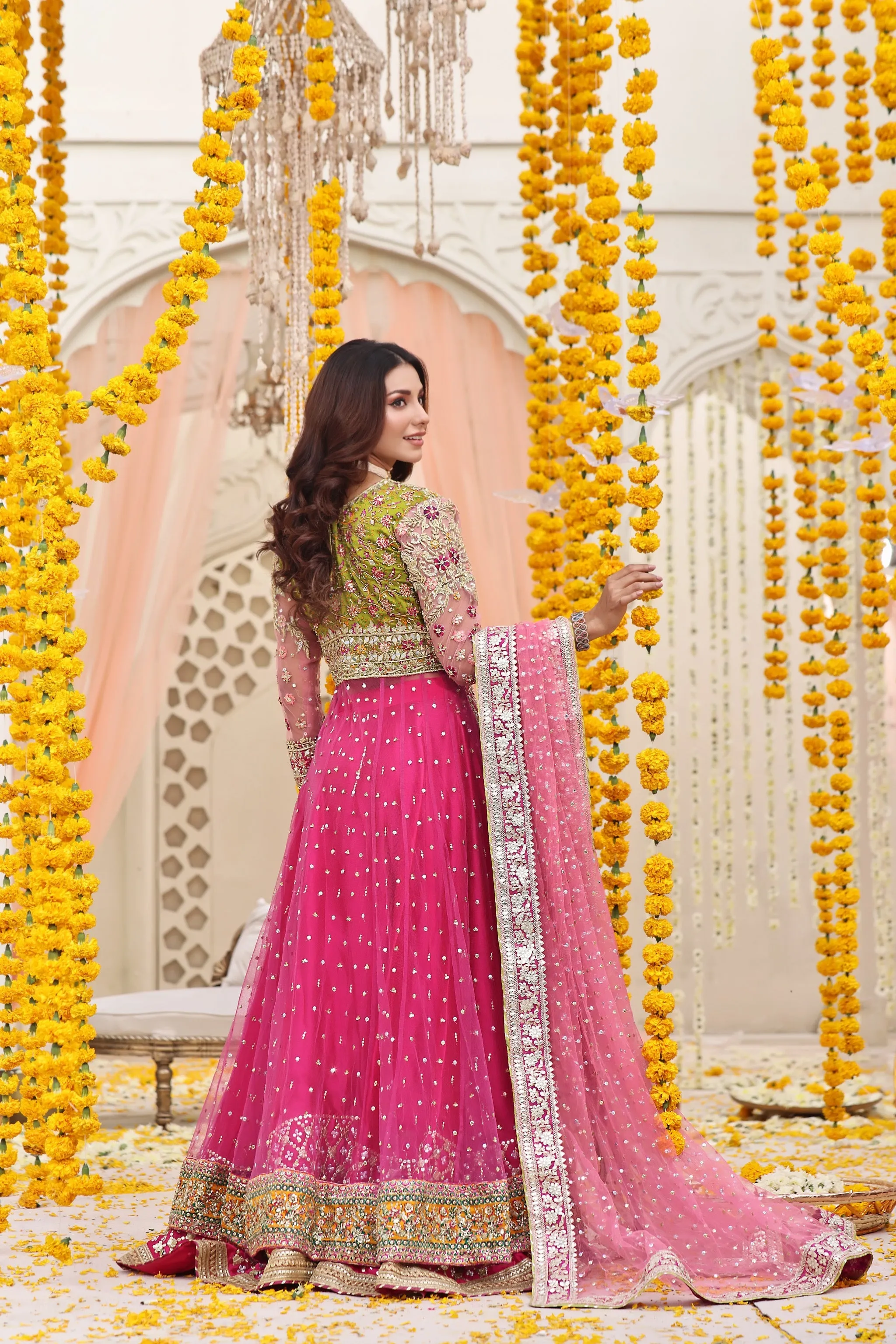 Mehndi Dress in Open Pishwas Frock and Lehenga Style