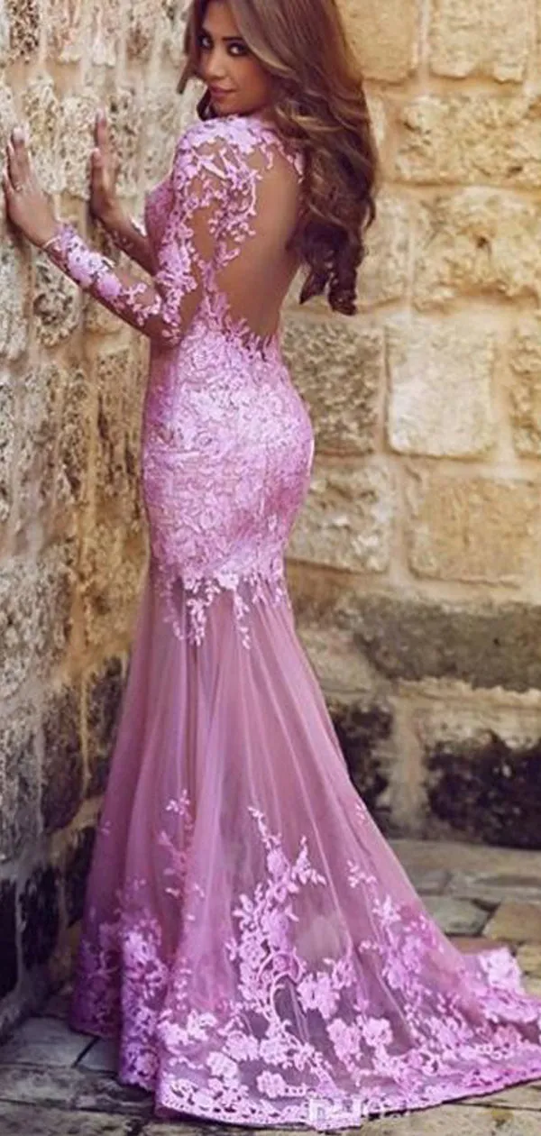 Mermaid Long Sleeves Open Back Purple Tulle Prom Dress with Lace Appliques, TYP1287