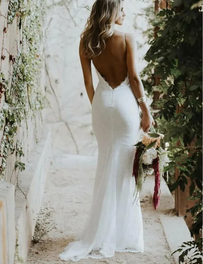 Mermaid Long Spaghetti Straps Low Cut Backless Lace Wedding Dresses, TYP1321