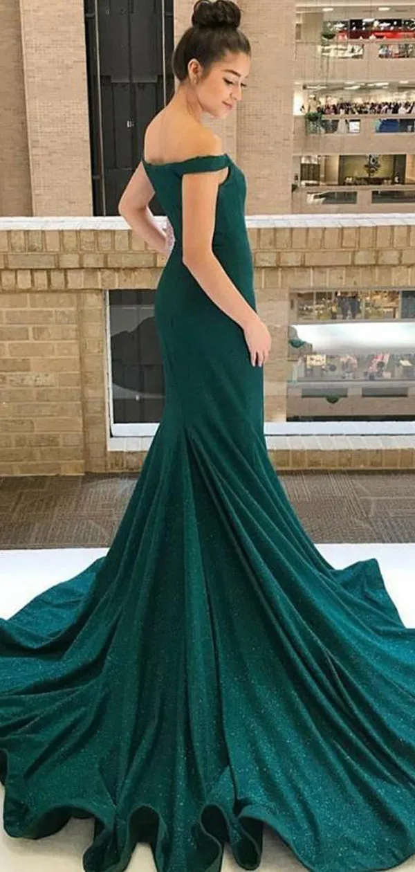 Mermaid Off-the-Shoulder Green Satin Prom Dresses with Beading, TYP1333