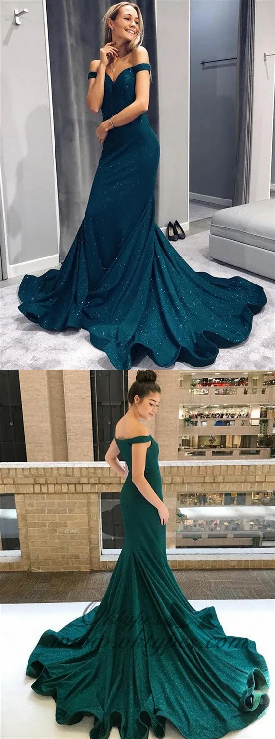 Mermaid Off-the-Shoulder Green Satin Prom Dresses with Beading, TYP1333