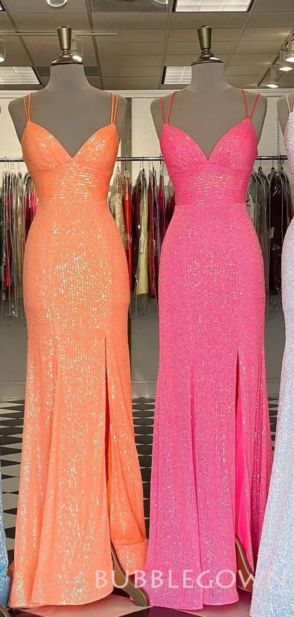 Mermaid Spaghetti Straps Sequin Long Sparkly Evening Prom Dresses, MR8025