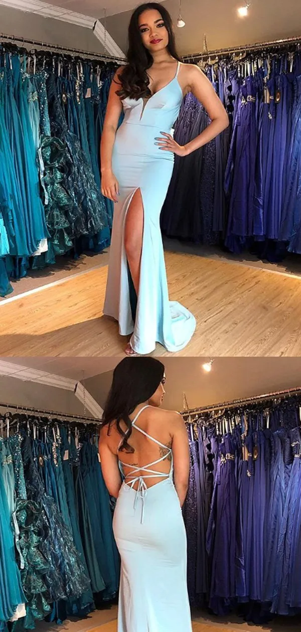 Mermaid Spaghetti Straps V-neck Blue Satin Prom Dresses,Cheap Prom Dresses,PDY0473