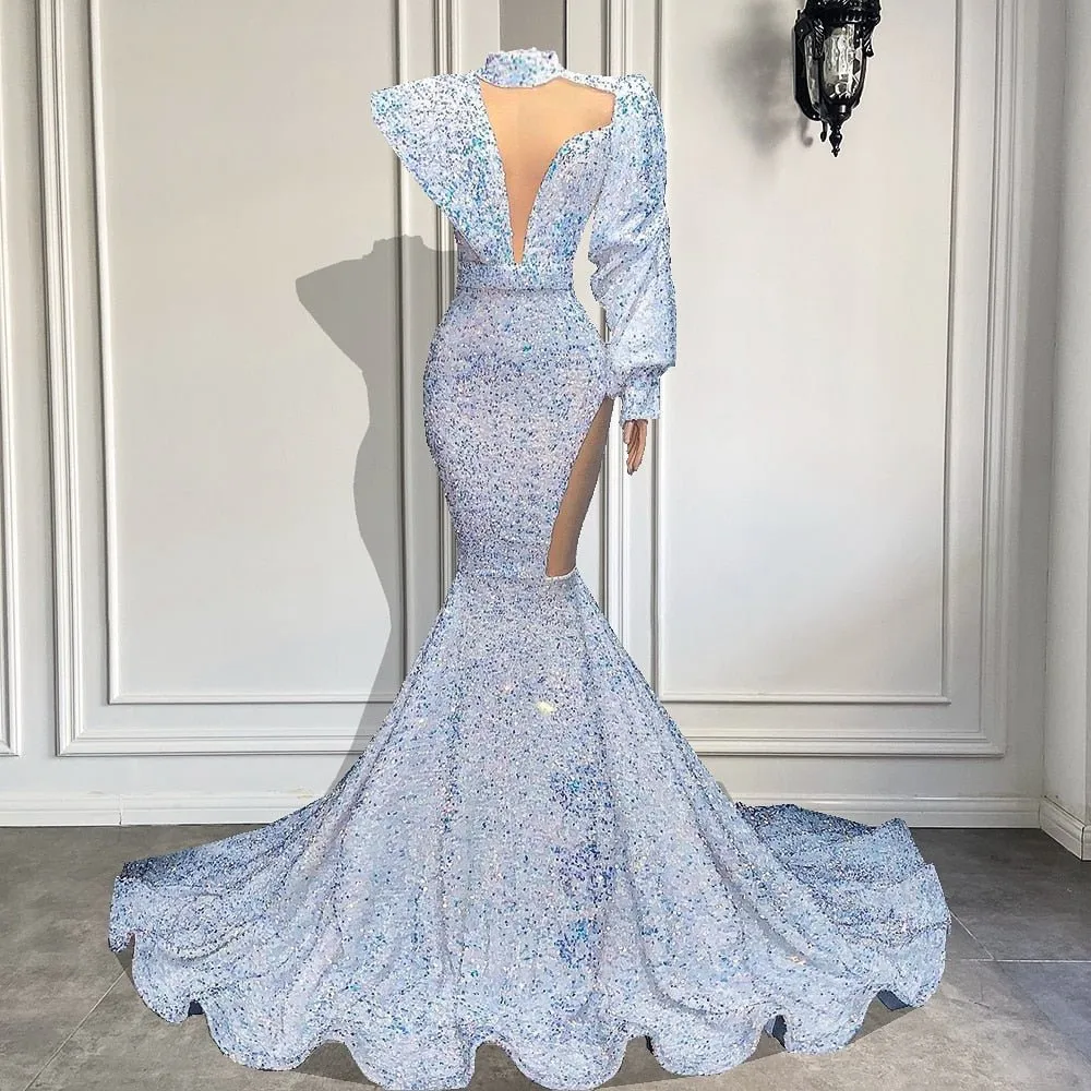 Mermaid Style White Sparkly Velvet Sequin Dresses