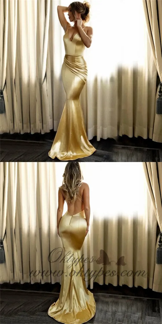 Mermaid V-Neck Long Cheap Backless Gold Satin Prom Dresses, TYP1276