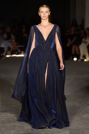 Metallic Chiffon Wing Sleeve Draped Gown