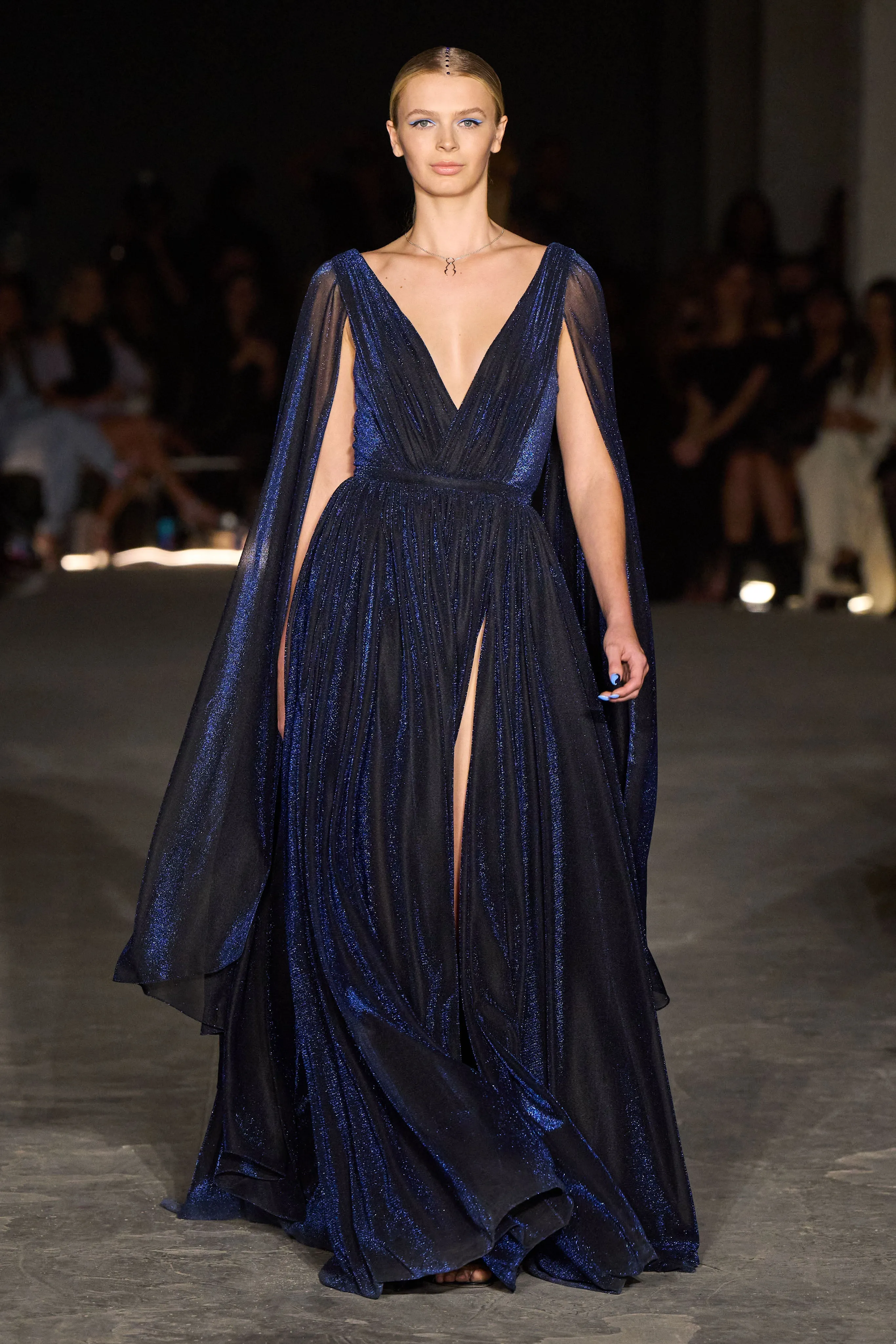 Metallic Chiffon Wing Sleeve Draped Gown