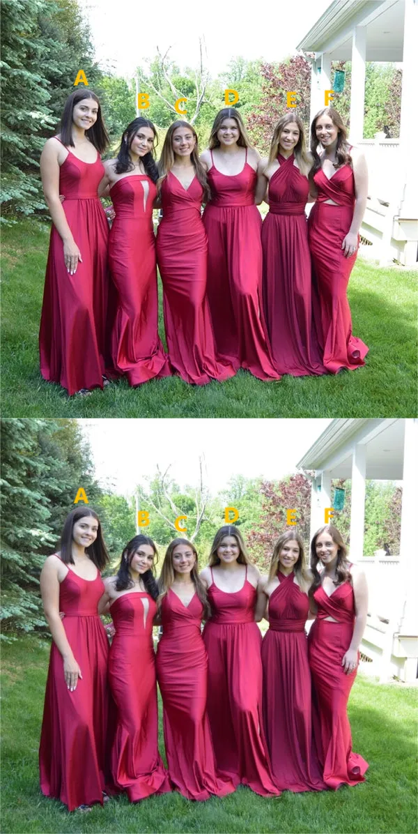 Mismatched Beautiful Red Satin A-Line Floor Length Bridesmaid Dresses, BDS0195
