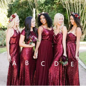 mismatched bridesmaid dresses long cheap Burgundy sequin sparkle wedding party dress