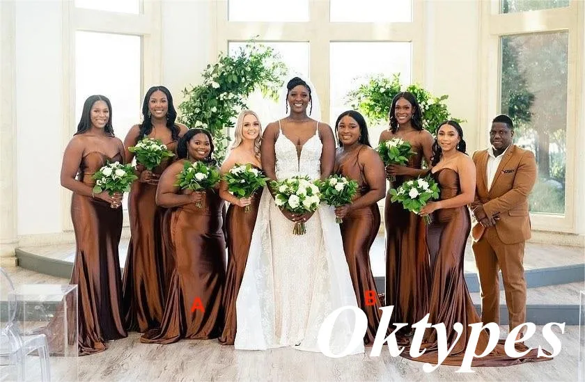 Mismatched Brown Soft Satin Sleeveless Mermaid Floor Length Bridesmaid Dresses, BDS0321