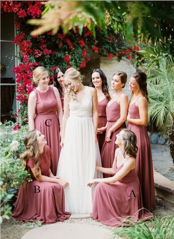 Mismatched Desert Rose Chiffon A-line Long Popular Bridesmaid Dresses, WG388