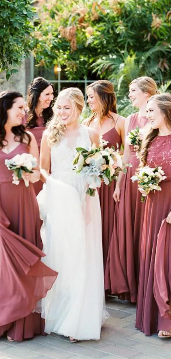 Mismatched Desert Rose Chiffon A-line Long Popular Bridesmaid Dresses, WG388