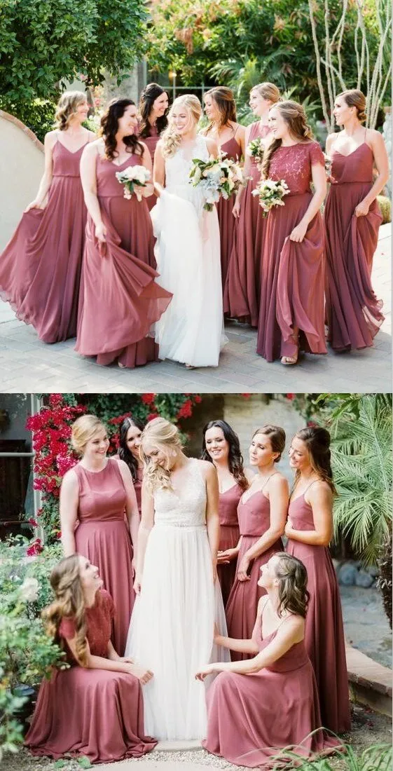 Mismatched Desert Rose Chiffon A-line Long Popular Bridesmaid Dresses, WG388