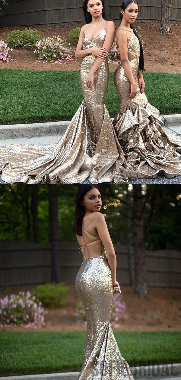 Mismatched Gold Sequin Mermaid Sexy Prom Dresses, PD0889