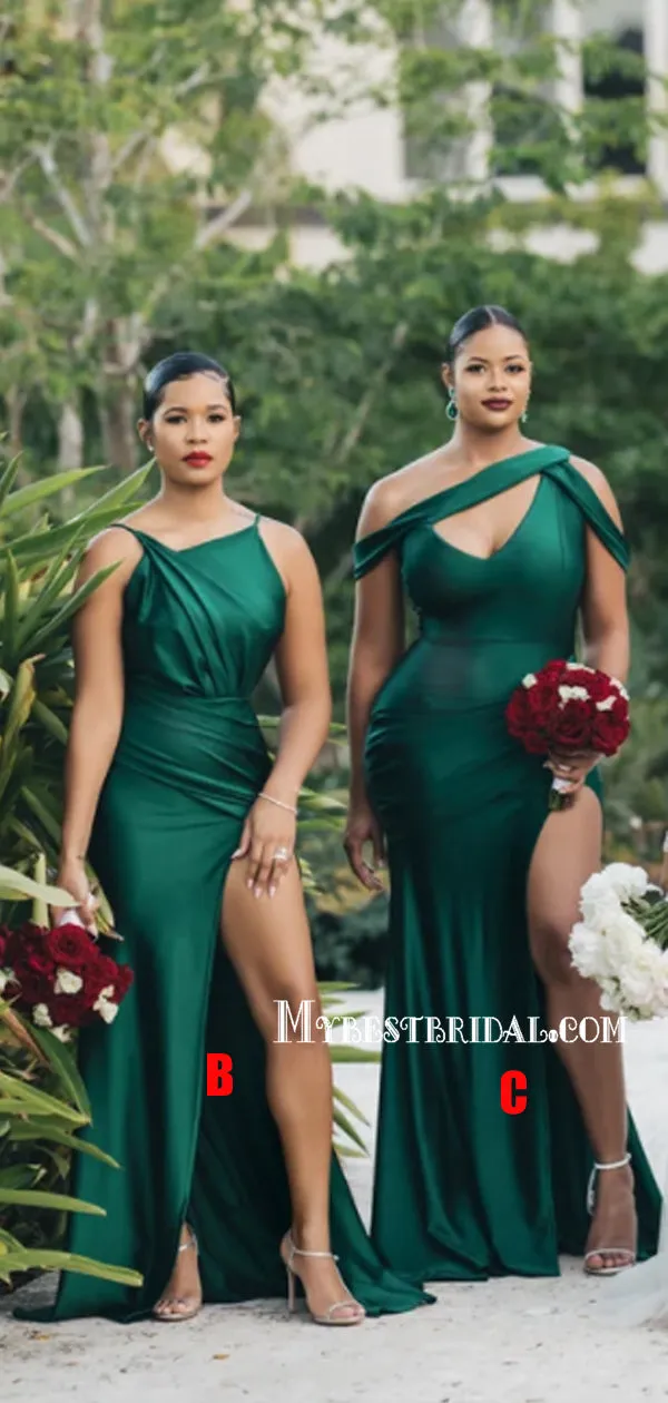 Mismatched Green Satin Long Cheap Wedding Party Bridemaid Dresses, BDS0013