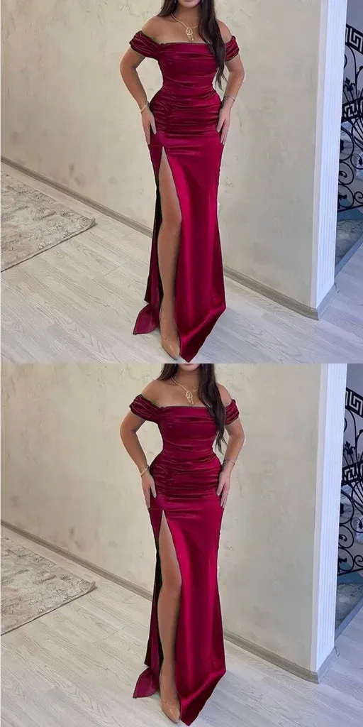 Mismatched Off Shoulder Mermaid Side Slit Satin Burgundy Long Bridesmaid Dresses Online, BG683