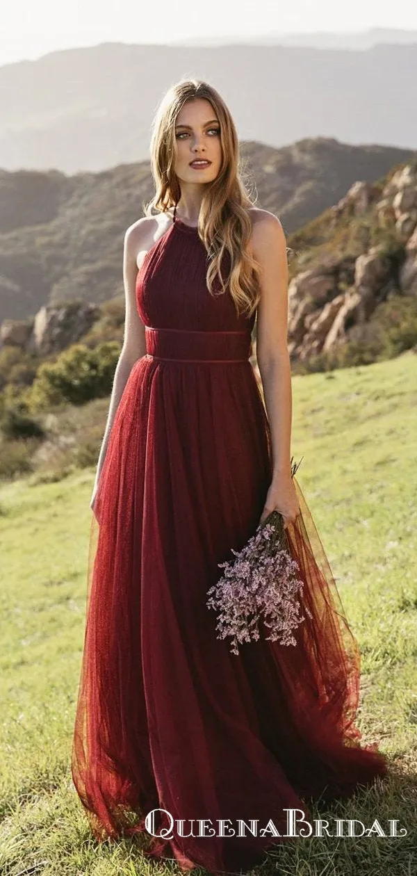 Mismatched Straps Burgundy Tulle Long Cheap Bridesmaid Dresses, QB0873