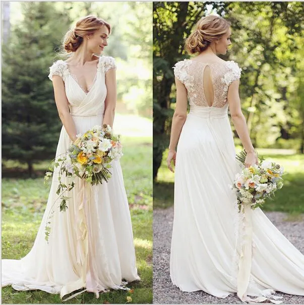 Modern V-neck Chiffon Flowers Wedding Dress 2018 Sweep Train-710787