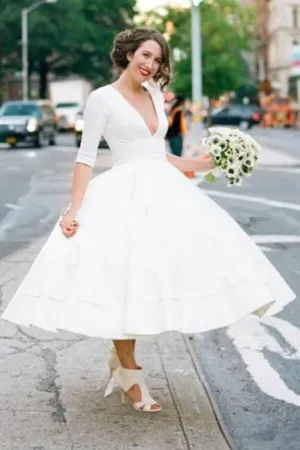 Modest A-line V-neck Half Sleeves Tea Length Taffeta Wedding Dresses, MW531