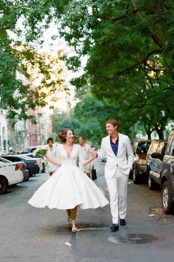 Modest A-line V-neck Half Sleeves Tea Length Taffeta Wedding Dresses, MW531
