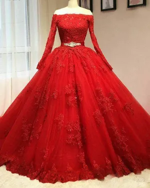 Modest Full Sleeve Lace Quinceanera Dresses with Belt Off The Shoulder Puffy Vestidos de quinceañera Sweet 16 Dress