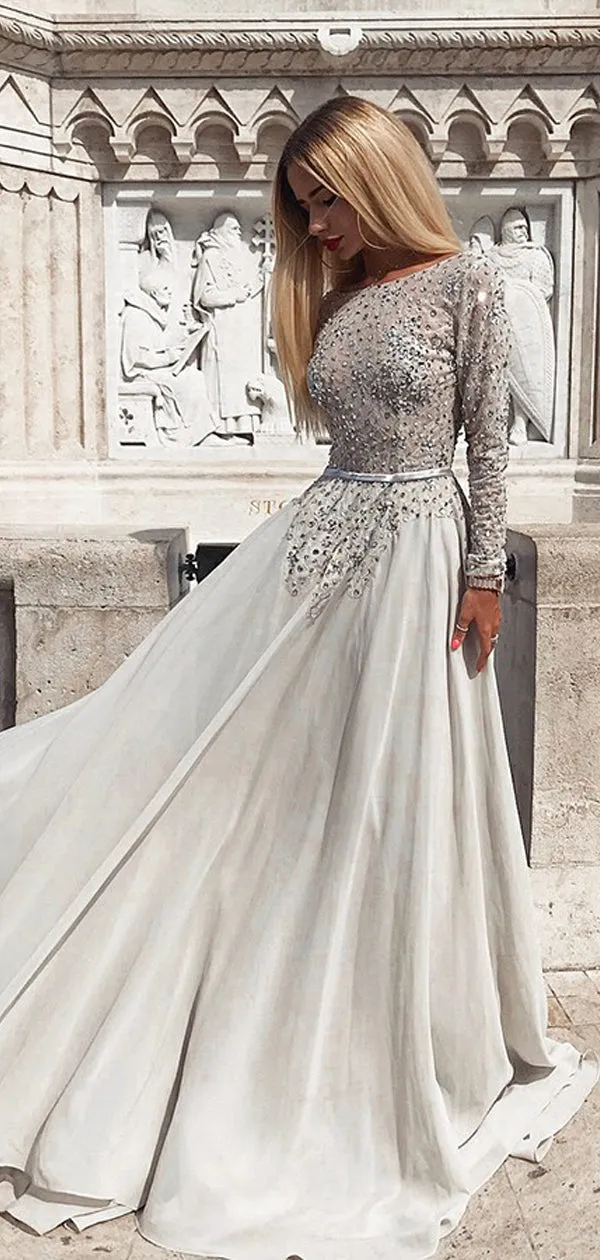 Modest Grey Long Sleeves Backless Prom Evening Dresses with Beaded, TYP1492