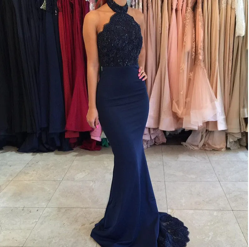 Modest Halter Mermaid Lace Prom Dresses Beads Sweep-Train