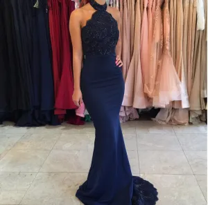 Modest Halter Mermaid Lace Prom Dresses Beads Sweep-Train