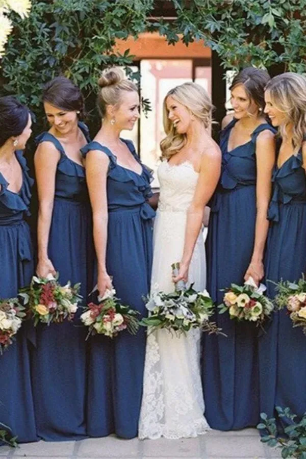 Modest Navy Blue Chiffon A-line V-neck Long Bridesmaid Dresses, MBD263