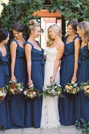 Modest Navy Blue Chiffon A-line V-neck Long Bridesmaid Dresses, MBD263