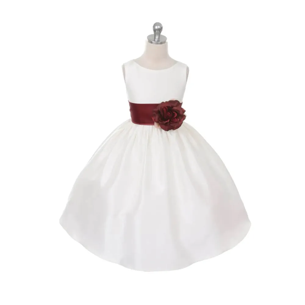 Morgan - Bridal Ivory or White - Burgundy Sash and Flower
