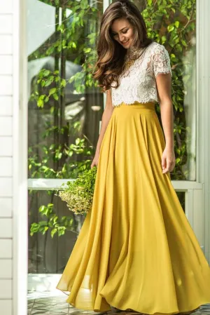 mustard bridesmaid dresses long 2020 short sleeve lace appliqué chiffon wedding party dress