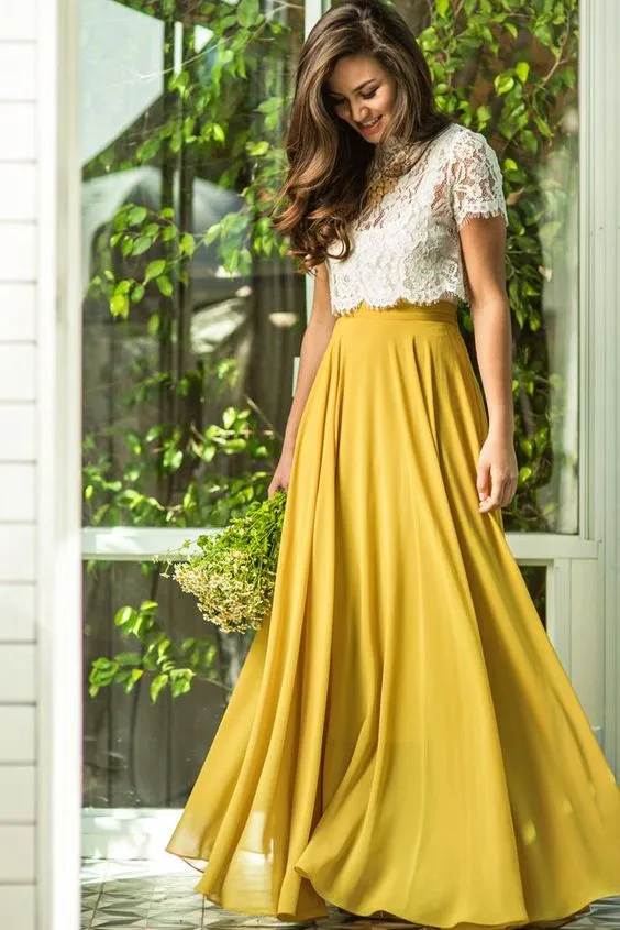 mustard bridesmaid dresses long 2020 short sleeve lace appliqué chiffon wedding party dress