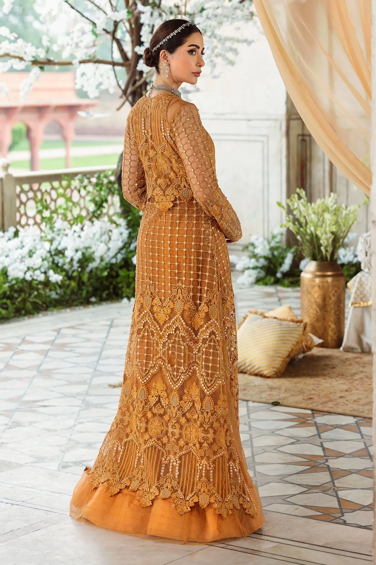 Mustard Silk Net Embroidered Pishwas Pakistani Eid Wear