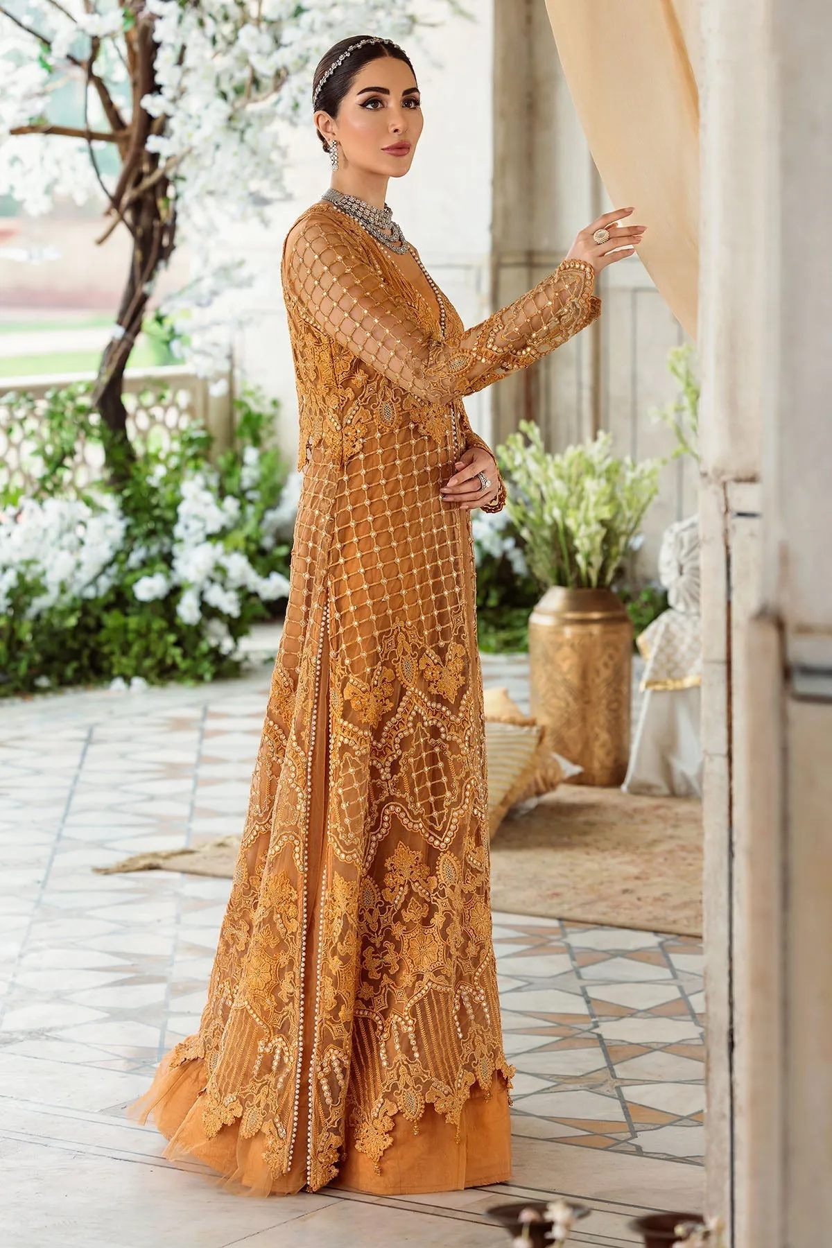 Mustard Silk Net Embroidered Pishwas Pakistani Eid Wear