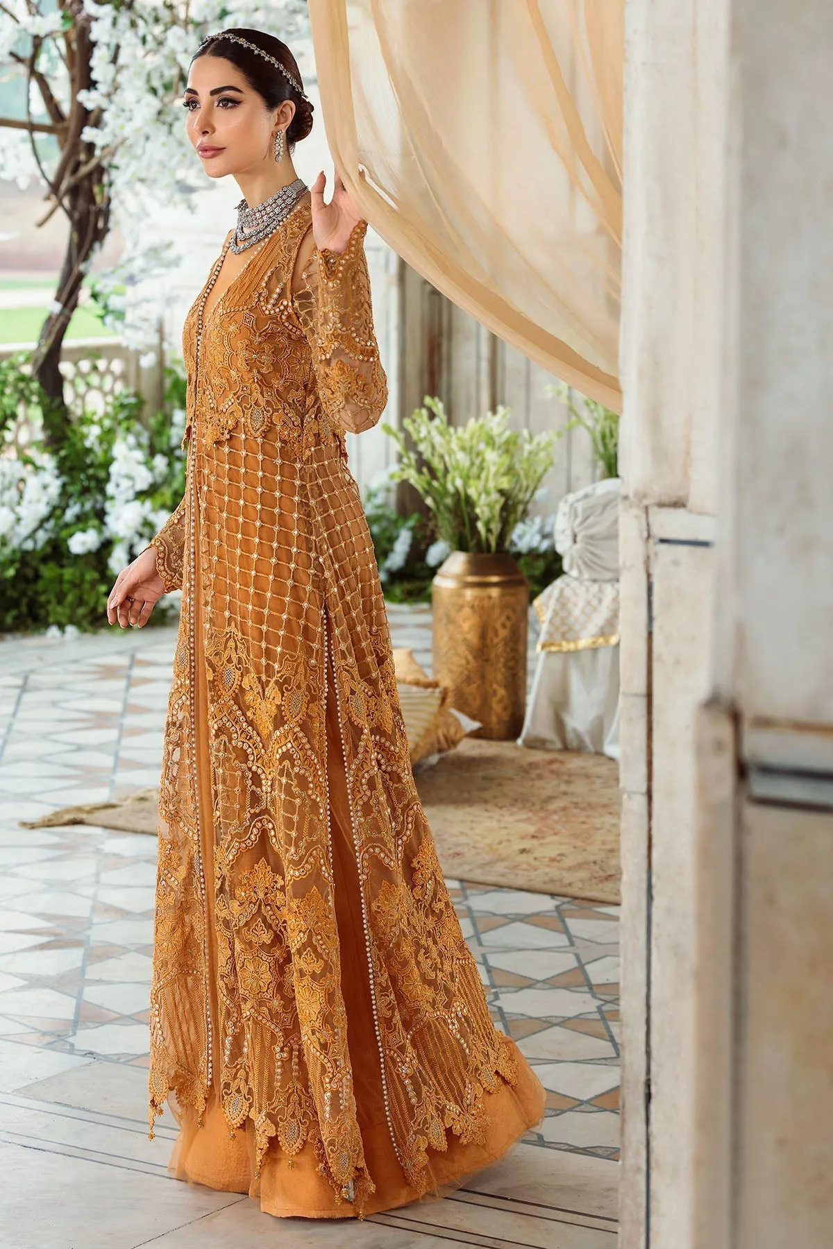Mustard Silk Net Embroidered Pishwas Pakistani Eid Wear