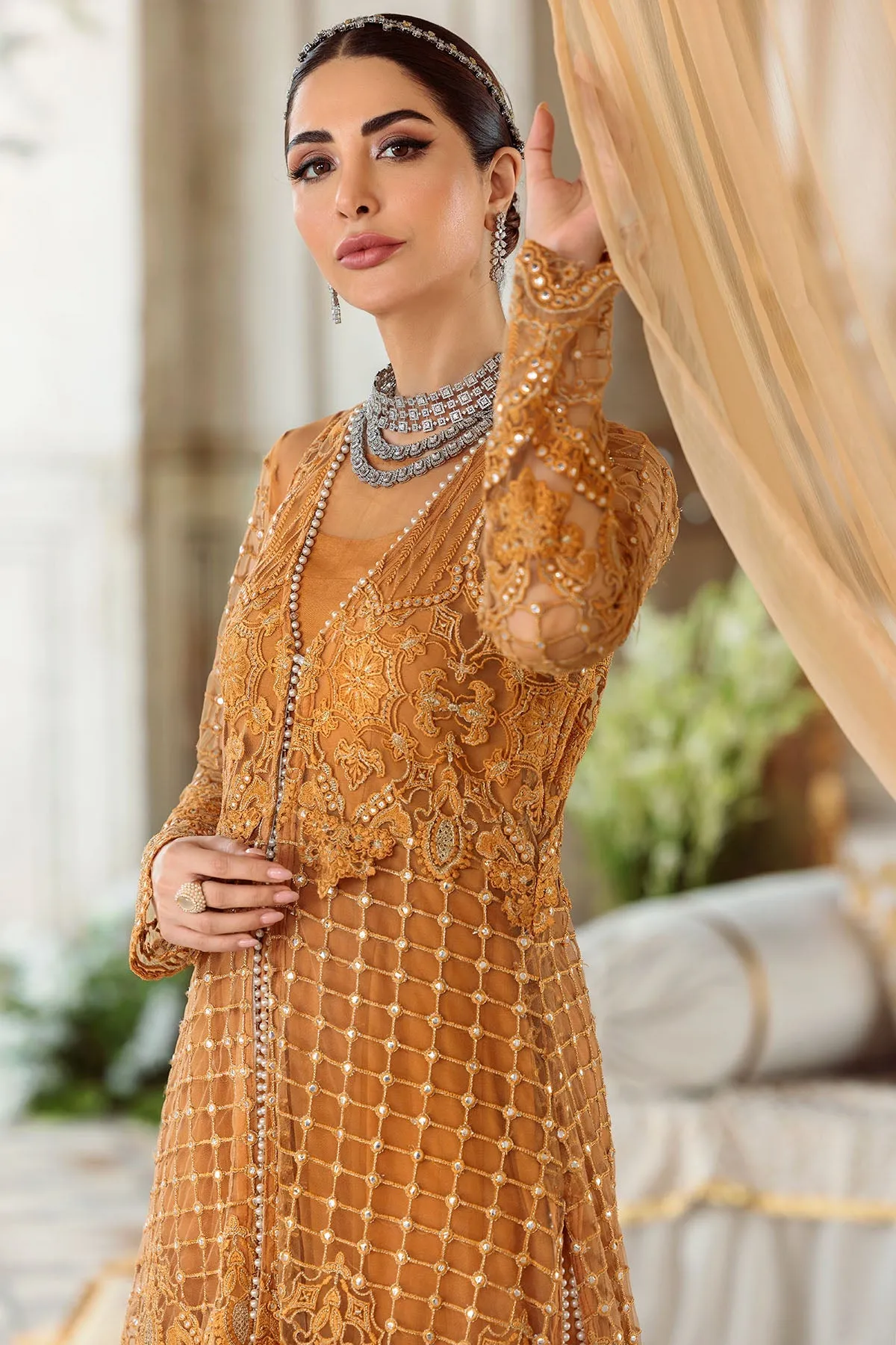 Mustard Silk Net Embroidered Pishwas Pakistani Eid Wear